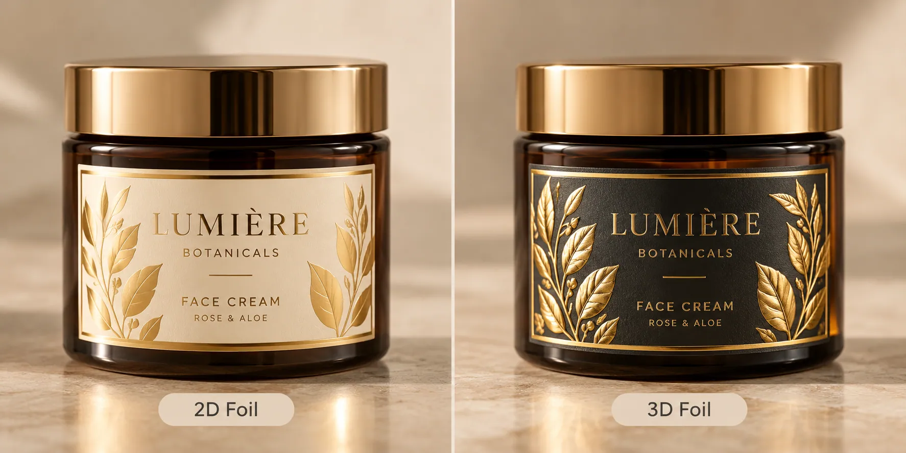 Side-by-side Lumière Botanicals face cream jars labeled 2D Foil and 3D Foil, showing the flat and raised metallic finish