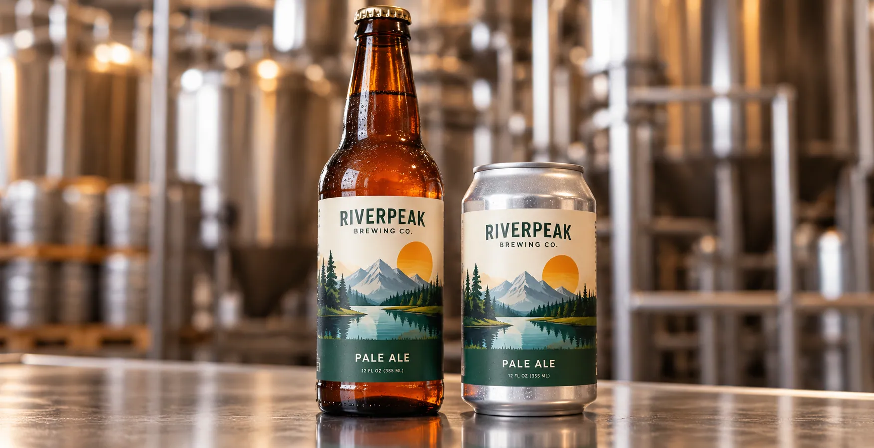 Printed beer labels applied to a bottle and a can in a clean product setting
