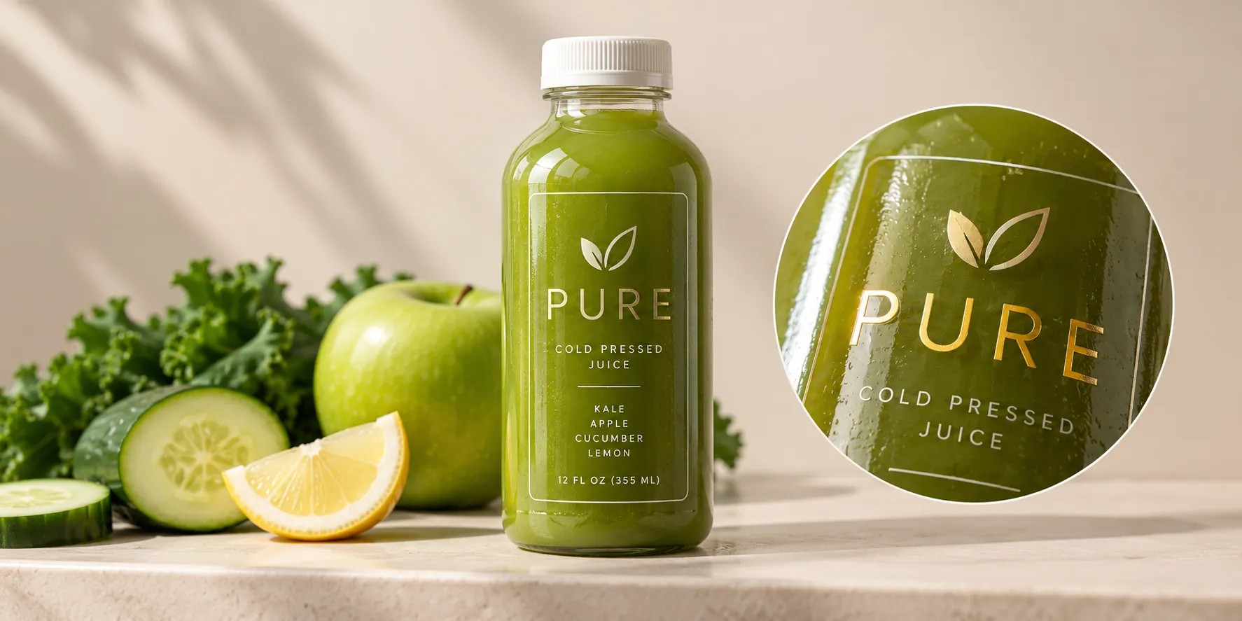 A Pure cold pressed juice bottle with a Crystal Clear label, the gold-foil and white print visible against the green juice showing through the unprinted film, with a macro inset of the same label