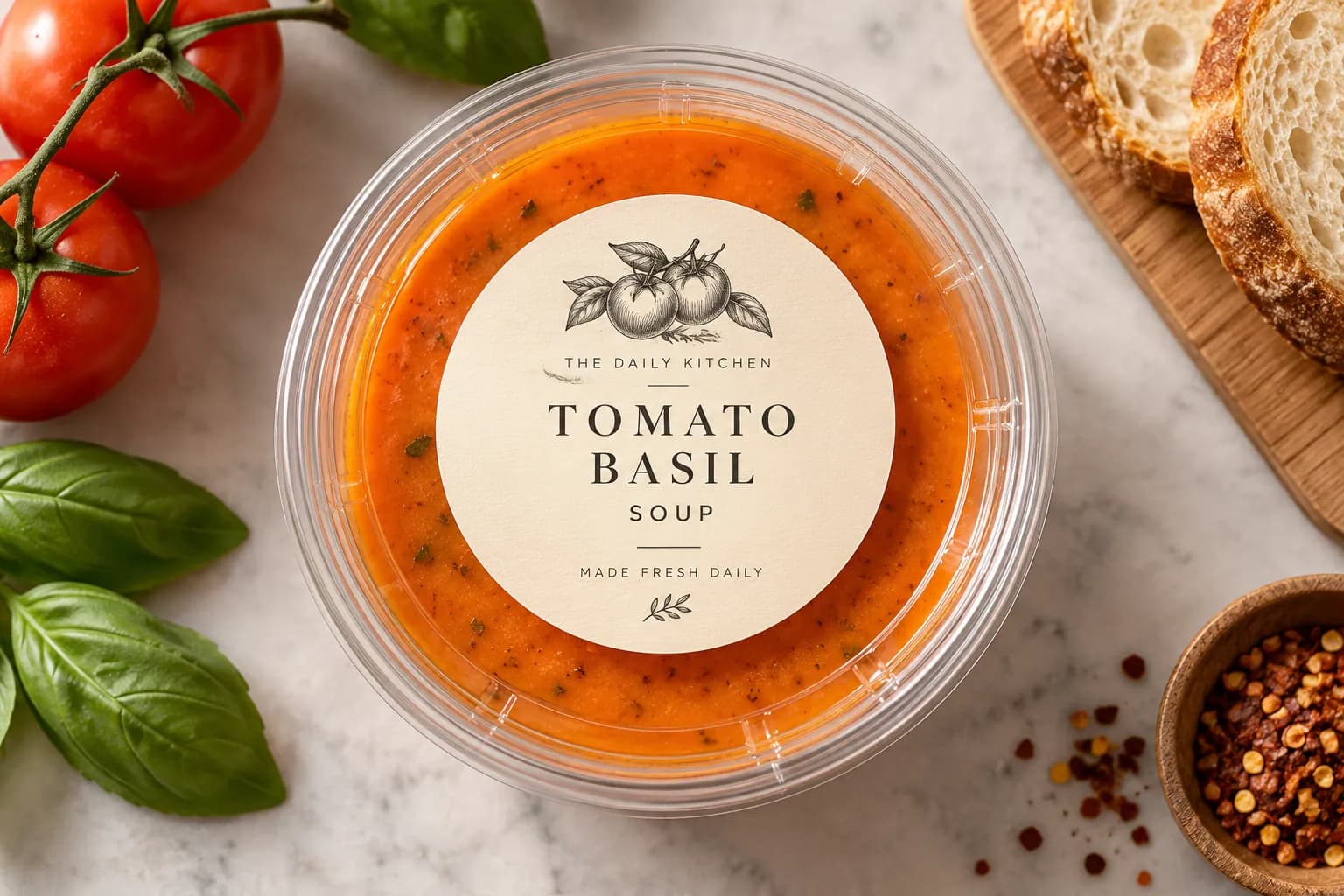 A clear-lidded container of The Daily Kitchen tomato basil soup with a round food label, shown with fresh tomatoes, basil, chili flakes and bread