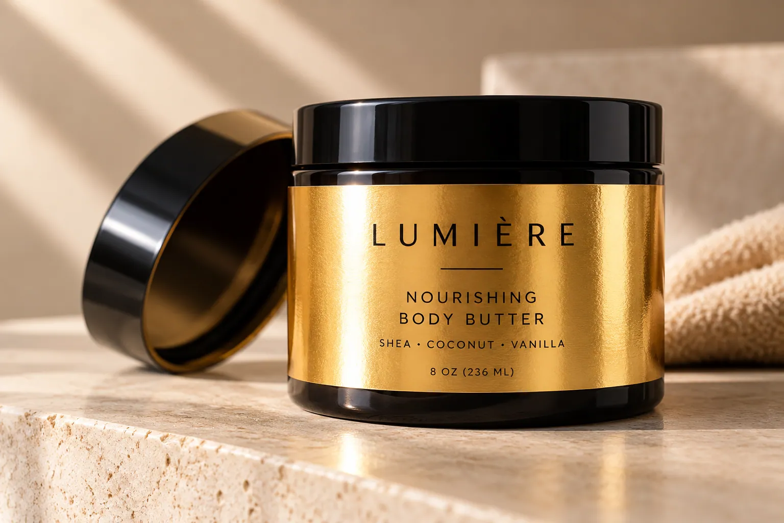 A Lumière nourishing body butter jar with a Gold Metallic label, the reflective gold material visible through the unprinted areas of the design