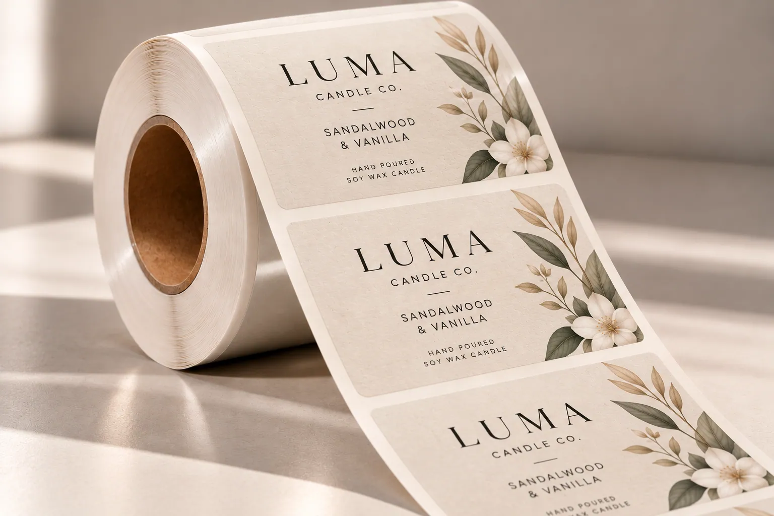 A roll of Eggshell Felt Beige labels with a tactile, textured surface