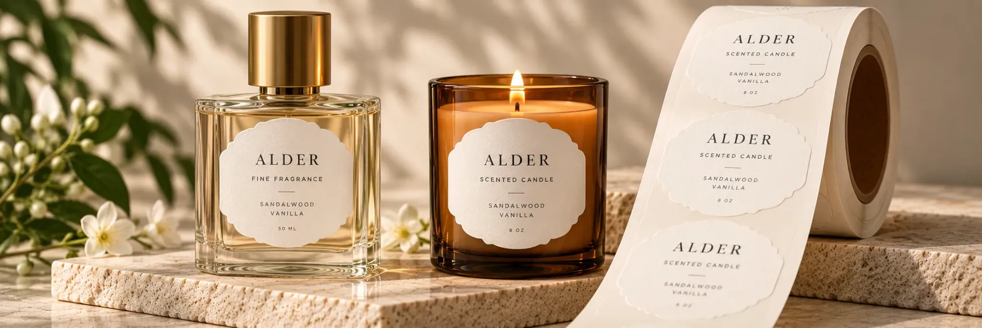 A fragrance bottle and a candle with Eggshell Felt White labels applied, next to a matching roll of the same labels