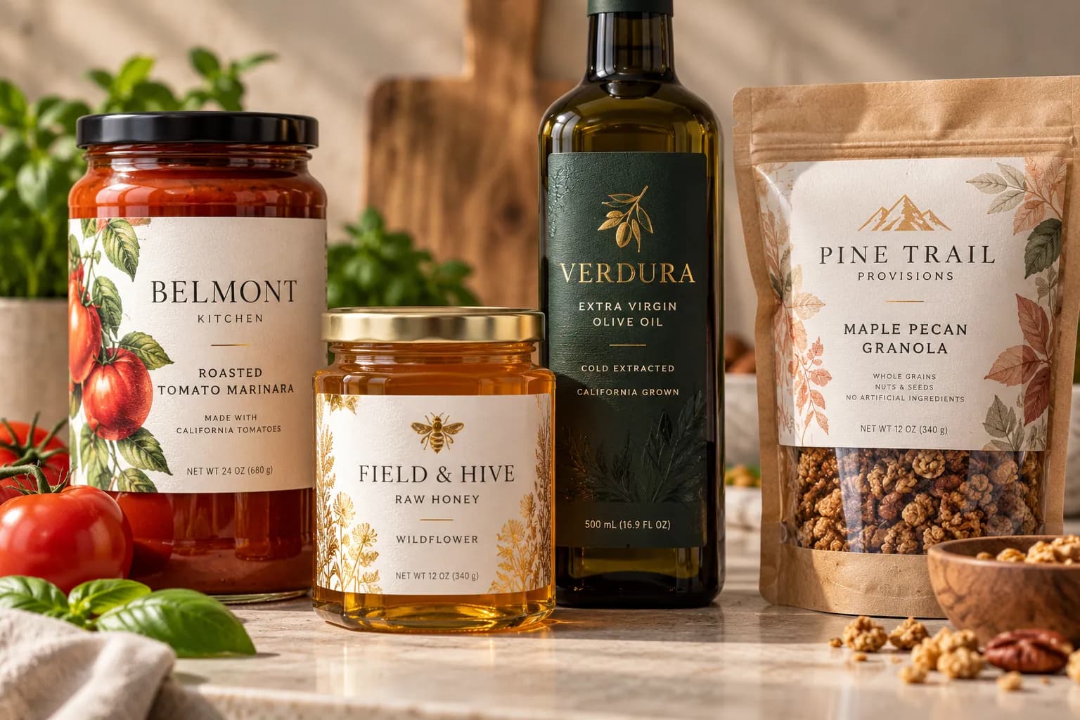 A sauce jar, honey jar, olive oil bottle and granola pouch with labels applied
