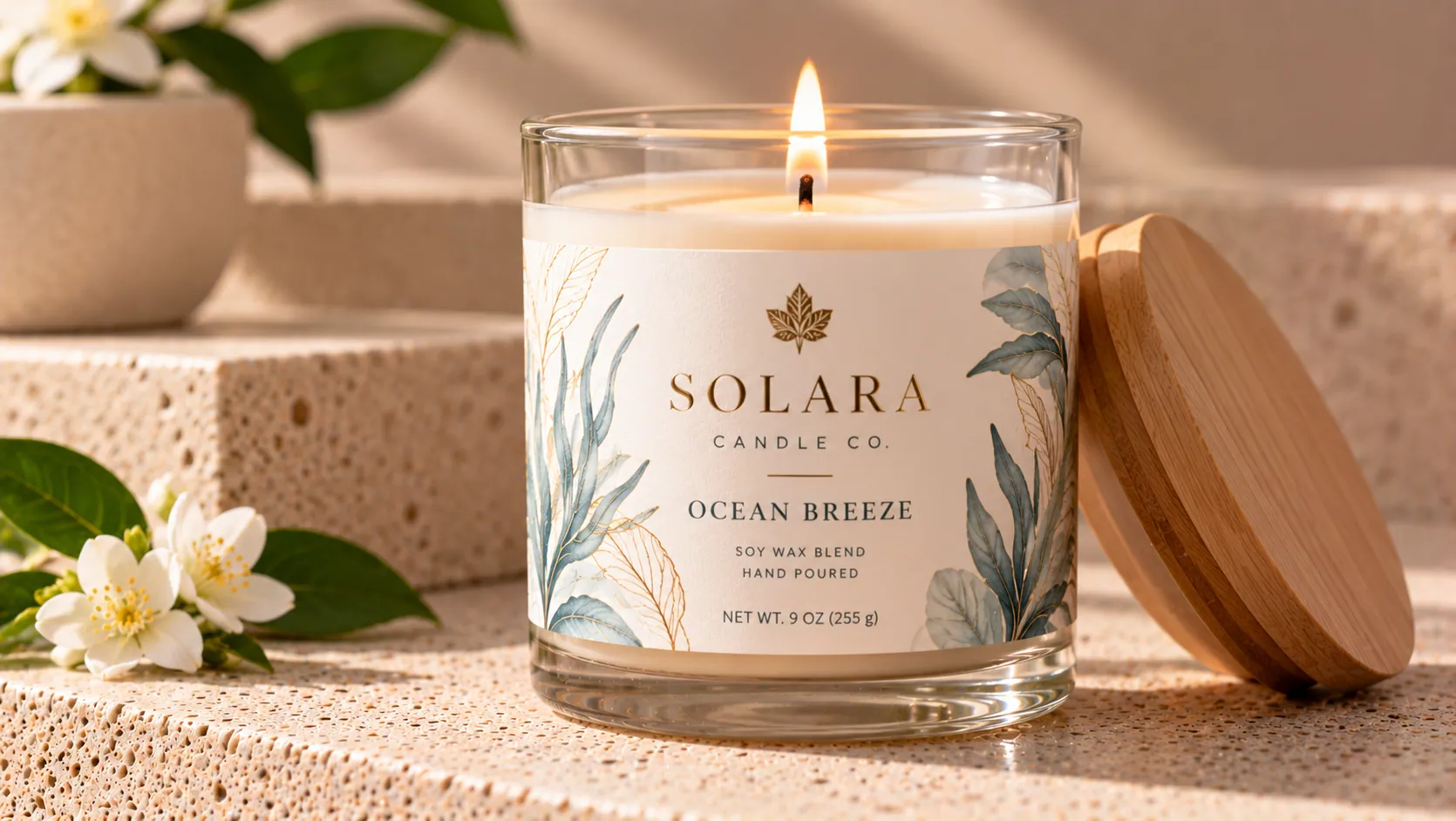 A lit candle jar with a label applied