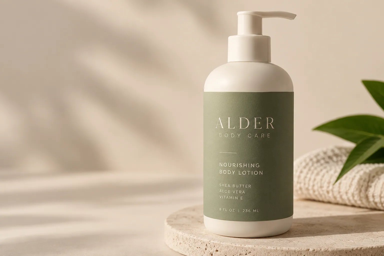 An Alder Body Care lotion bottle with a Soft Touch laminated label, showing the low-sheen, velvety finish