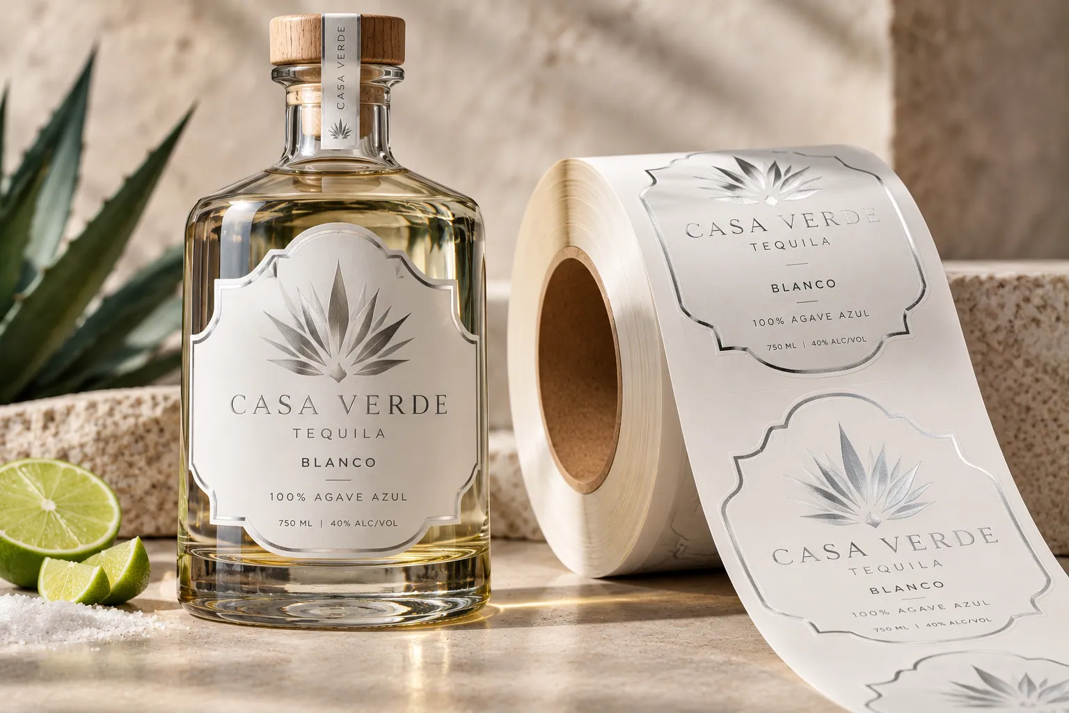A tequila bottle with a silver metallic label next to a roll of the same labels
