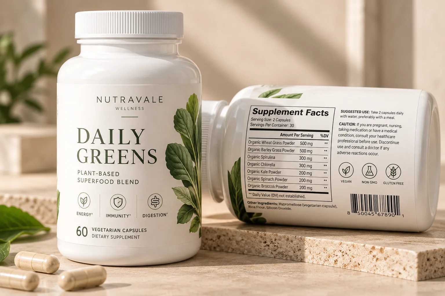 A Nutravale Wellness Daily Greens supplement bottle, upright showing the front label and lying down showing the back label's full Supplement Facts panel, suggested use, caution text, certification icons and barcode